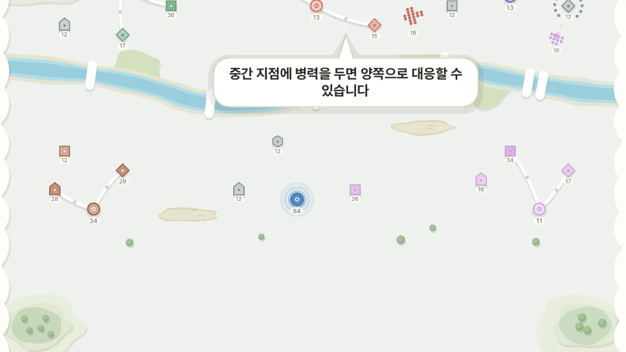 게임 화면 — 강을 사이에 둔 여러 세력